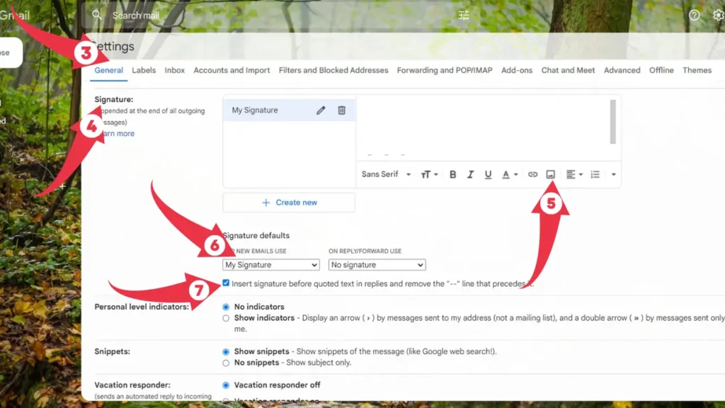 steps to add image in email signature in gmail discussed with red arrow