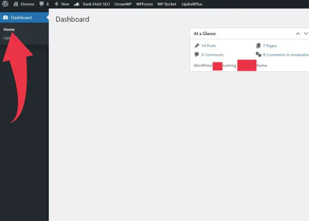 Checking WordPress version on admin panel home page marked with red arrow