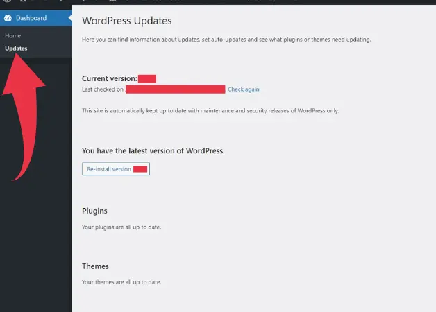 Checking WordPress version on admin panel update page marked with red arrow