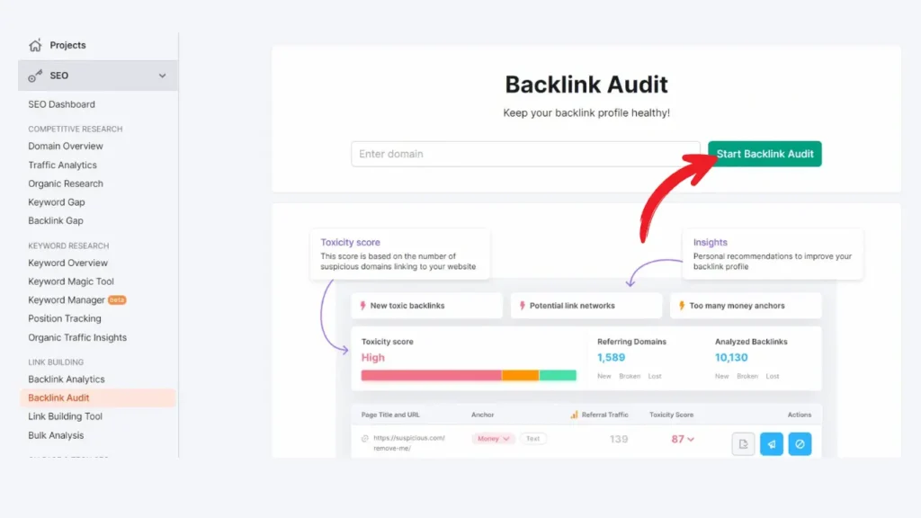 SEMRush backlink audit dashboard